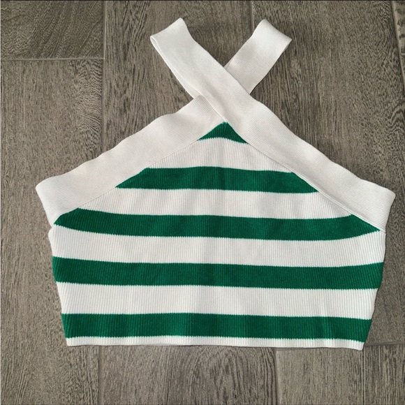 House of Harlow Green White Striped Ribbed Knit Halter Crop Top - Picture 2 of 7